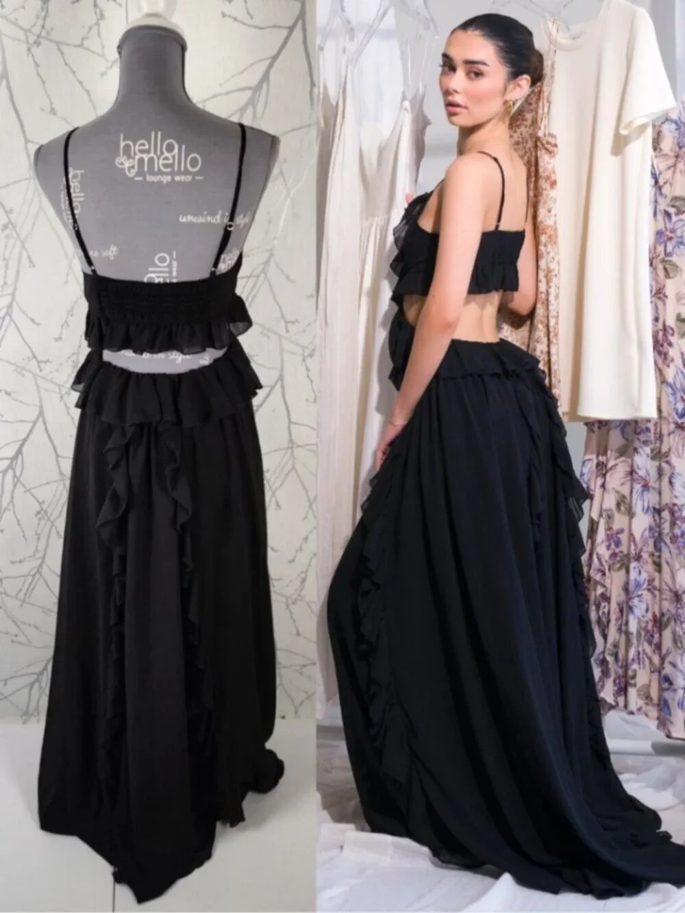 Okakie Black Ruffle Chiffon Strappy Cutout Maxi Dress